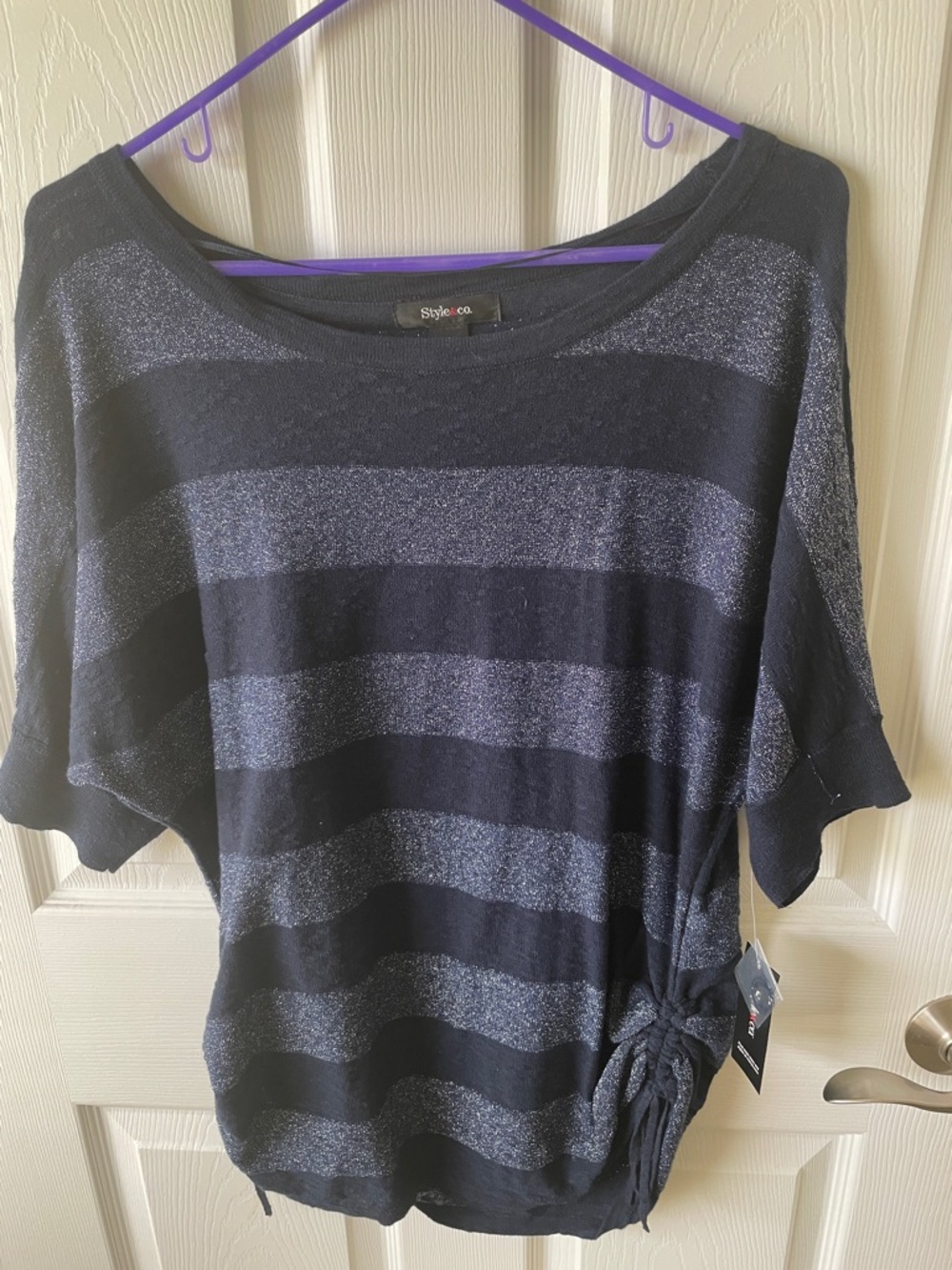 Style & Co. Navy and Silver Striped Short-Sleeve Tie-Side Tunic